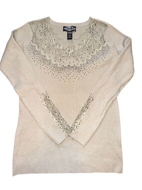 Oliver.O Anthropologie Rhinestone Lace Embellished Beige Sweater M